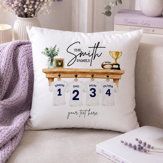 Personalised rugby fan cushion featuring family names and a trophy, ideal for sports enthusiasts.