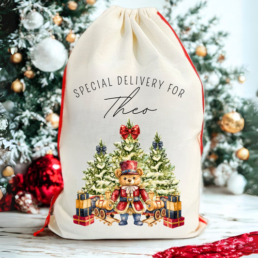 Personalised 'Special Delivery For' Nutcracker Teddy Santa Sack
