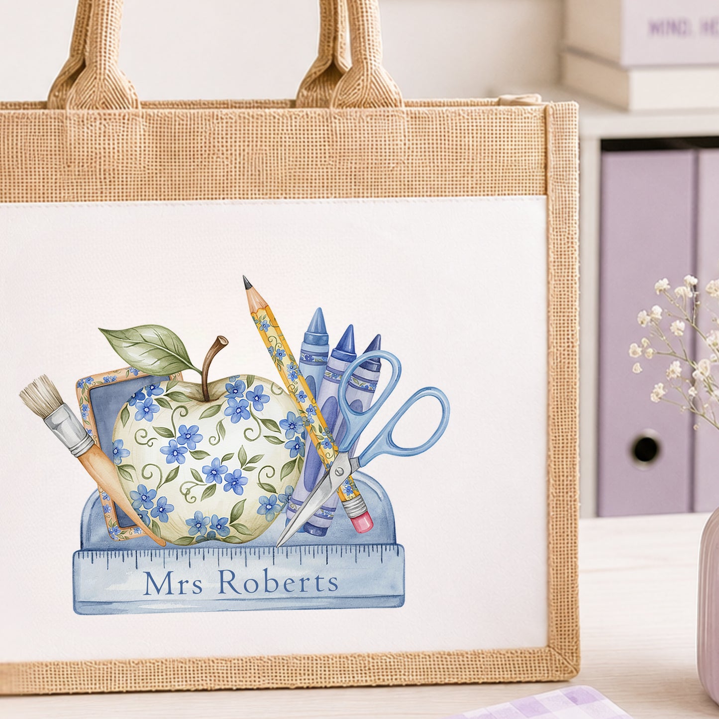 Personalised thank you teacher jute gift bag with floral school stationery design