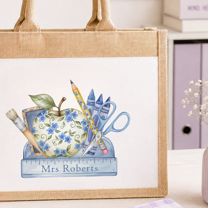 Personalised thank you teacher jute gift bag with floral school stationery design