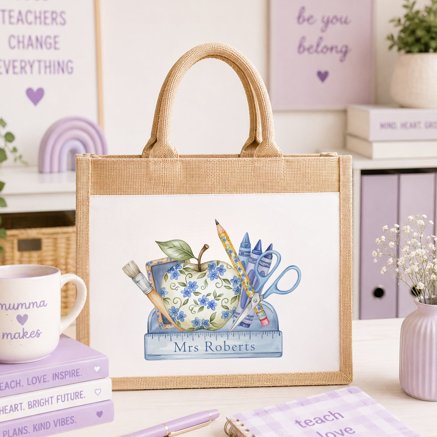 Personalised thank you teacher jute gift bag with floral school stationery design and teacher's name