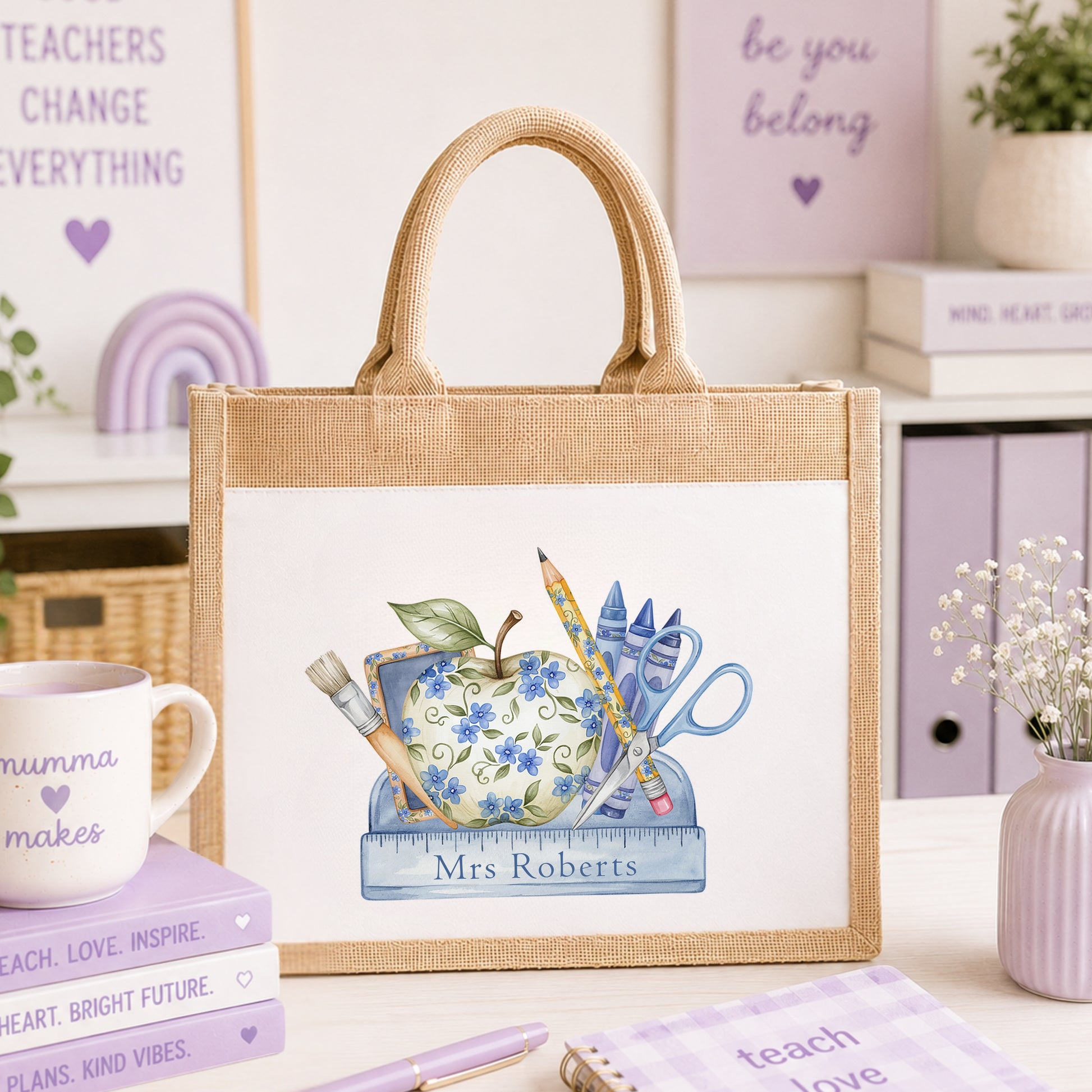 Personalised thank you teacher jute gift bag with floral school stationery design and teacher's name