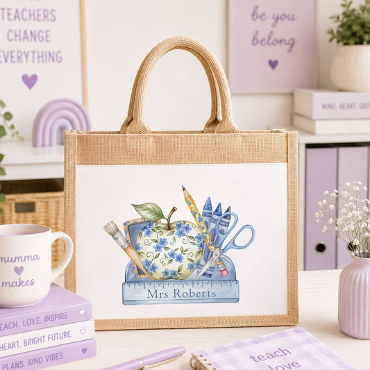 Personalised thank you teacher jute gift bag with floral school stationery design and teacher's name