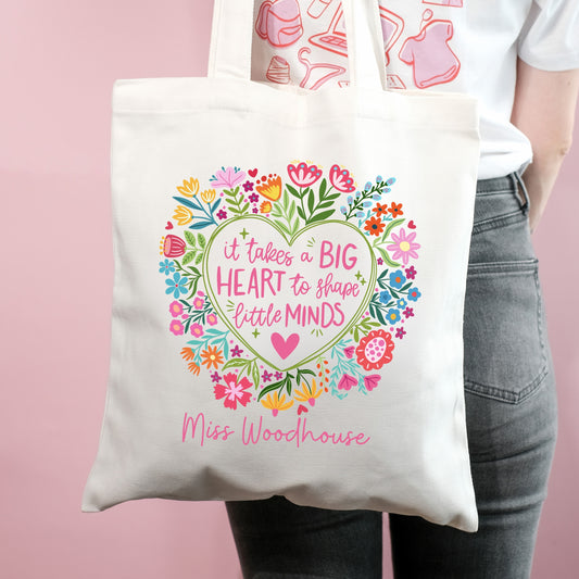 Personalised Big Heart to teach Little Minds Teacher Gift Floral Design - Tote Bag