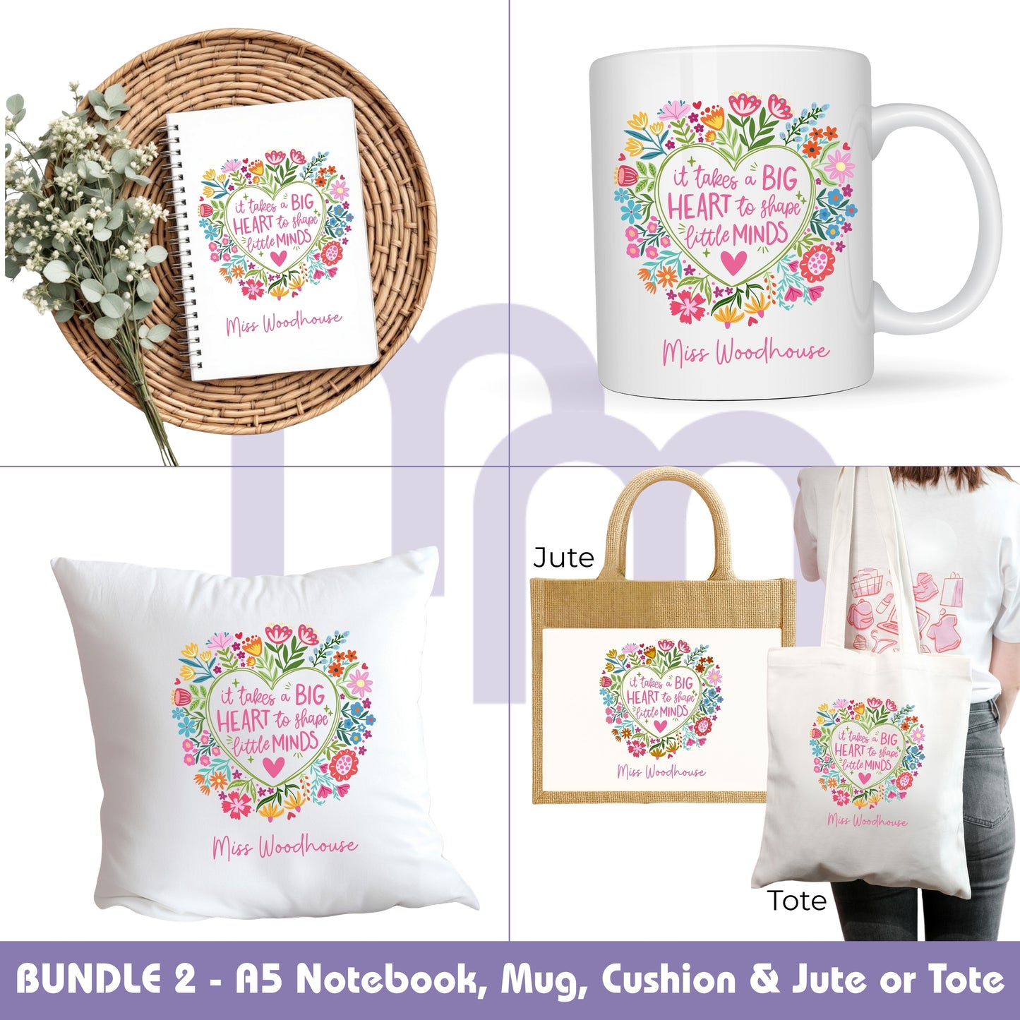 Personalised Big Heart to teach Little Minds Teacher Gift Floral Design - Cushion