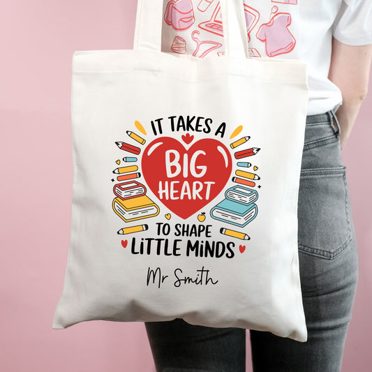 Personalised Big Heart to teach Little Minds Teacher Gift Hearts & Books Design - Tote Bag