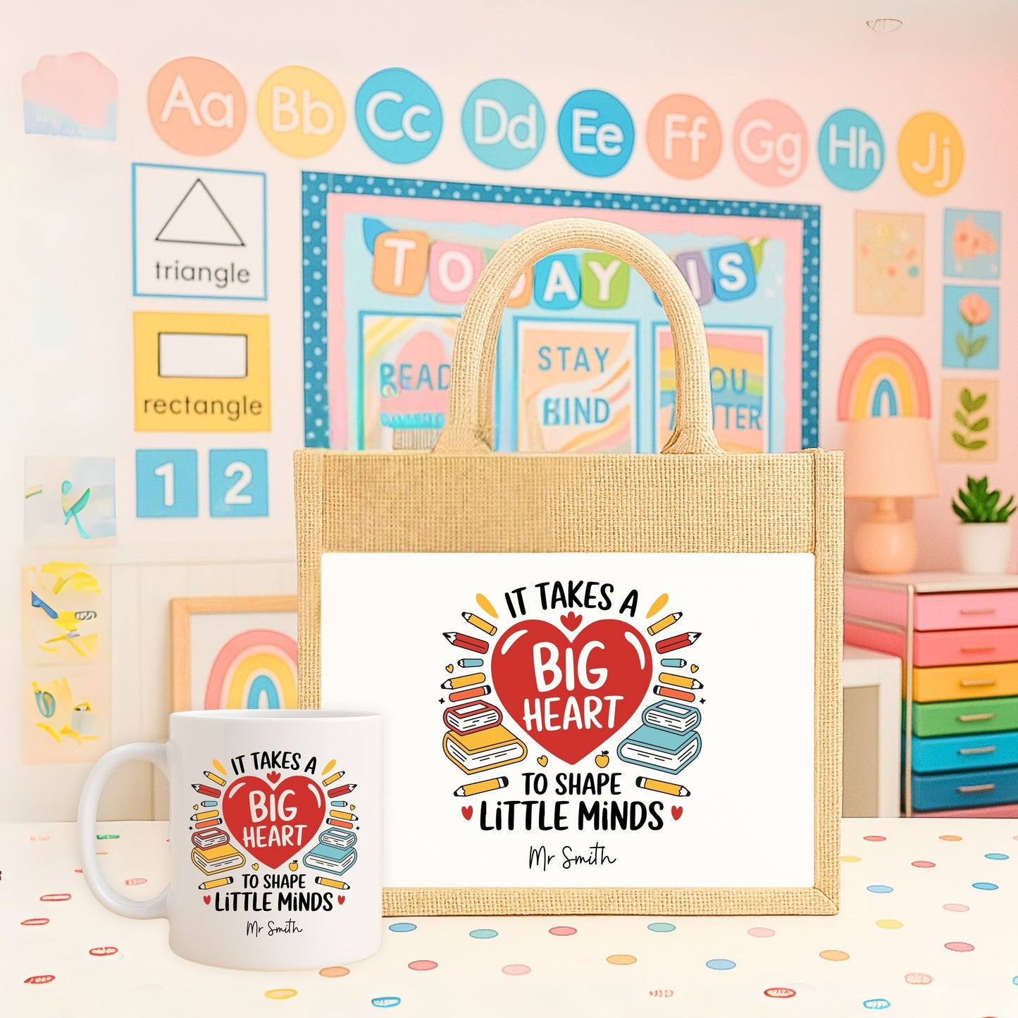 Personalised Big Heart to teach Little Minds Teacher Gift Hearts & Books Design - Jute Bag