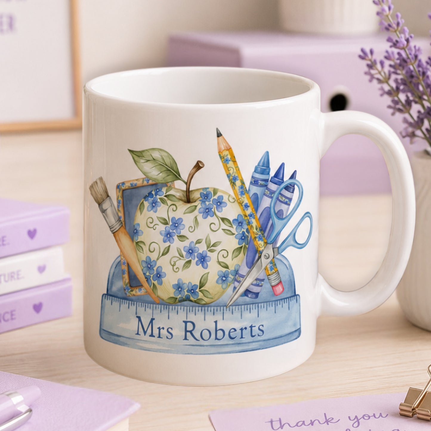Personalised thank you teacher mug with floral school stationery design