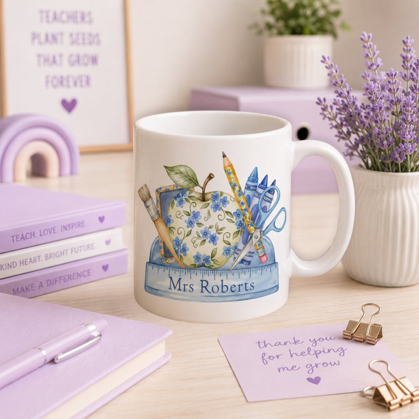 Personalised thank you teacher mug with floral school stationery design and teacher's name