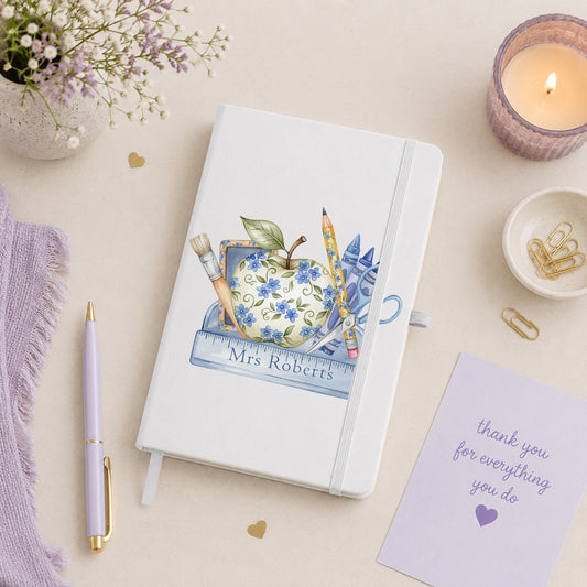 Personalised thank you teacher notebook with floral school stationery design and teacher's name
