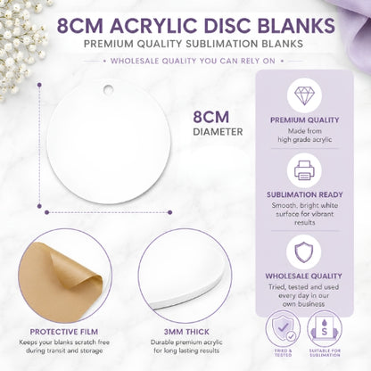8cm Acrylic Round Disc - Suitable for Sublimation